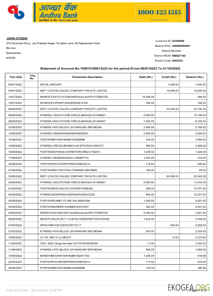 Modèle Word et PDF de relevé bancaire Inde Andhra, 2 pages p1